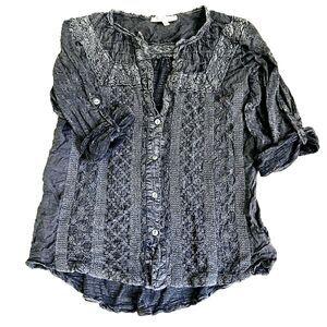 Solitaire Crochet Top Embroidered Tunic Roll 3/4 Slv Gray L Boho Peasant Cottage